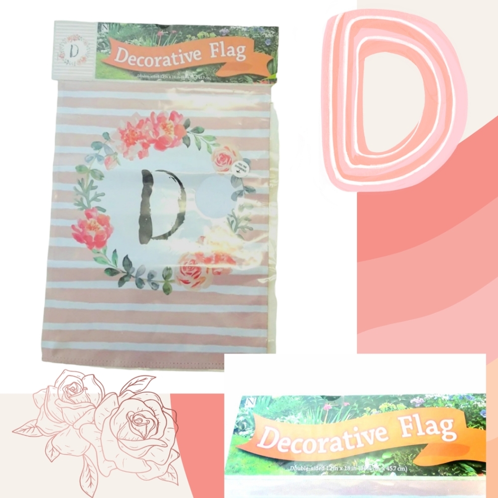 Monogram "D" floral striped double sided garden flag NEW